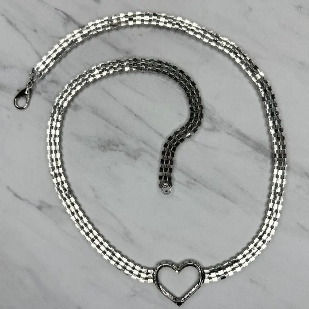 Womens Rhinestone Heart Silver Tone Multi Row Chain Link Belt Small S ✨